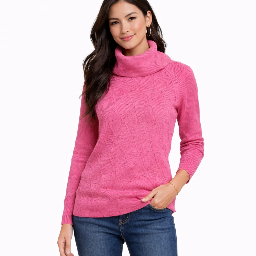 Women's Talbots Pink Cowlneck Diamond Tweed Pullover Sweater M